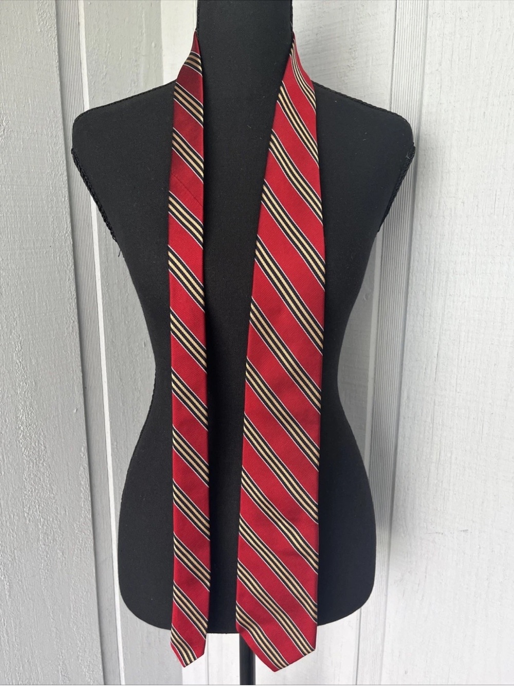 Lands End Charter Collection Silk Tie Red Navy Gold Stripe Hand Sewn Made USA